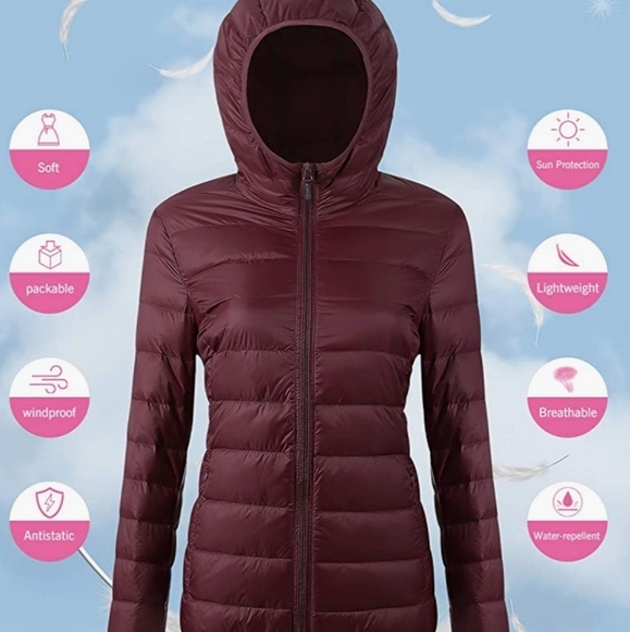 Wine Packable Puffer Hoodie w/Duck Down & Pouch Size XXL - Picture 3 of 16